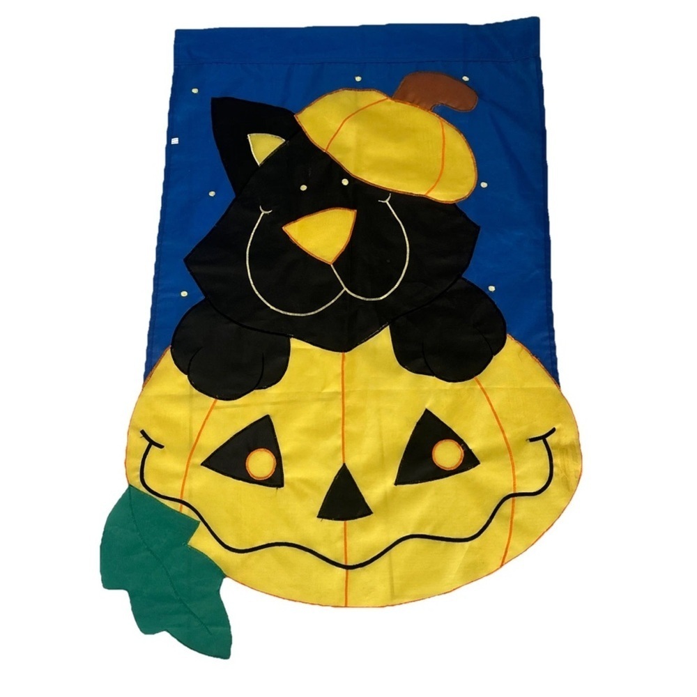 Vintage Halloween Black Cat Flag Garden Cute Inside pumpkin 28x42” Die Cut - Picture 2 of 8